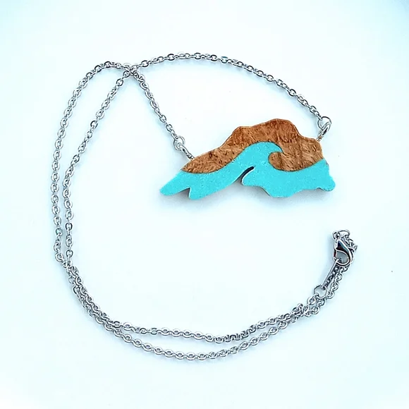 Wood and Turquoise Lake Superior Necklace - Picture 2 of 3